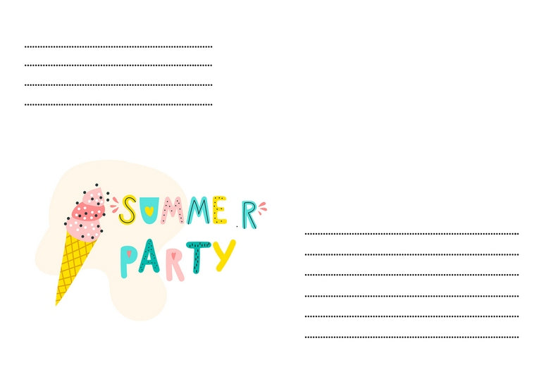 Briefumschlag mit rosa Eistüte und Schriftzug „Sommerparty“ auf cremefarbenem Hintergrund