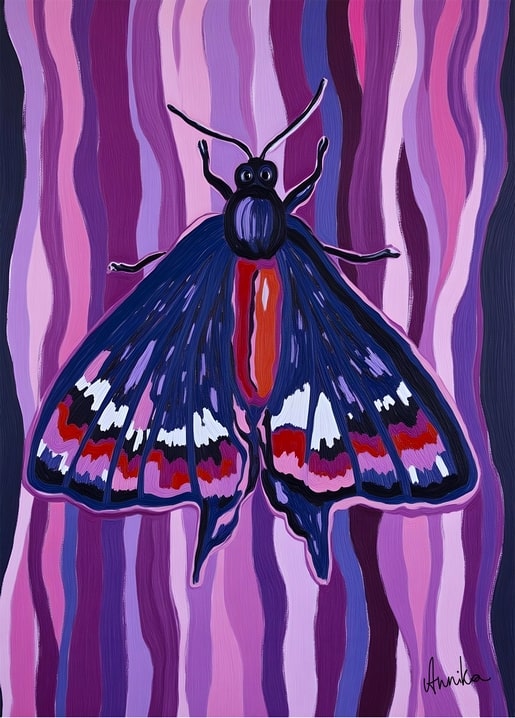 Illustration eines dunkelblauen Nachtfalters auf magenta-violett gestreiftem Hintergrund, Postkarte AnniKa