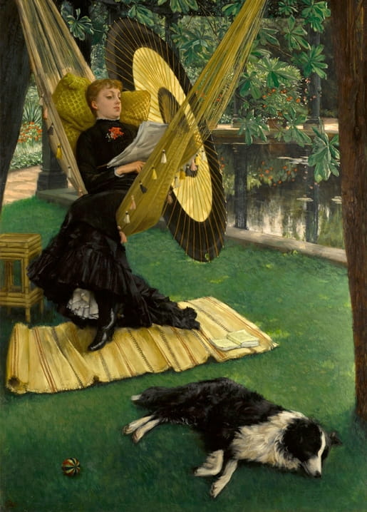 A woman reads in a golden hammock, a black-and-white dog asleep below — Tissot's The Hammock.