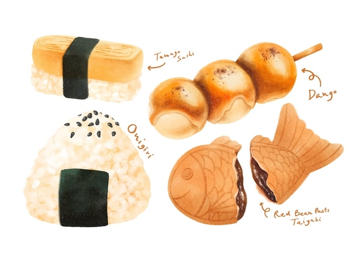 Illustration of tamago sushi, dango skewer, onigiri and taiyaki with red bean paste, hand-labelled