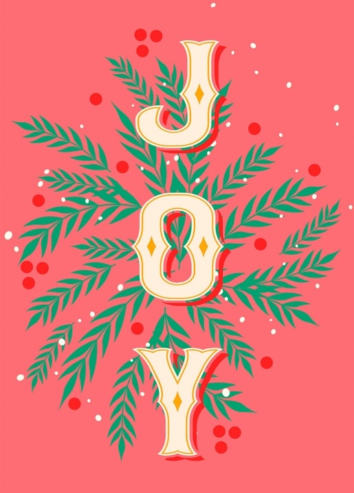 JOY' typography postcard with green branches and red berries on coral background
