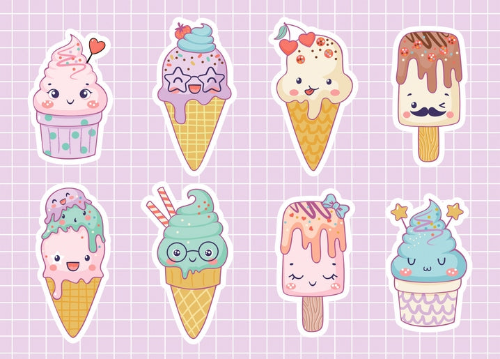 Sheet-style postcard with eight kawaii ice cream cones, popsicles and a cupcake on purple grid