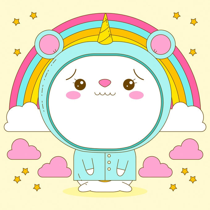Kawaii creature wearing a rainbow unicorn hood among pink clouds and stars
