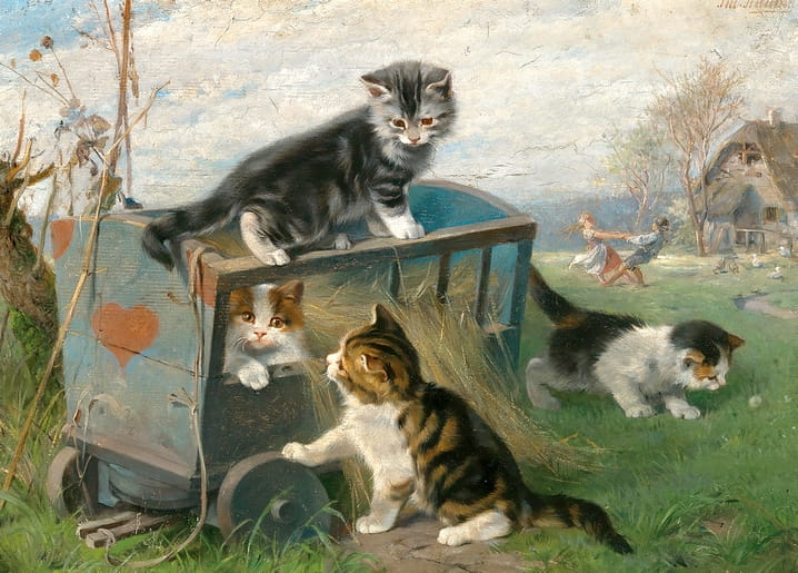 Kittens climbing a hay cart with a painted heart while children play in the meadow, by Julius Adam the younger