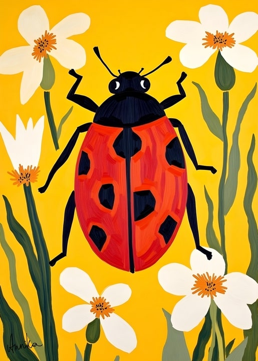 Red ladybug with spread legs among white daisies on a yellow background