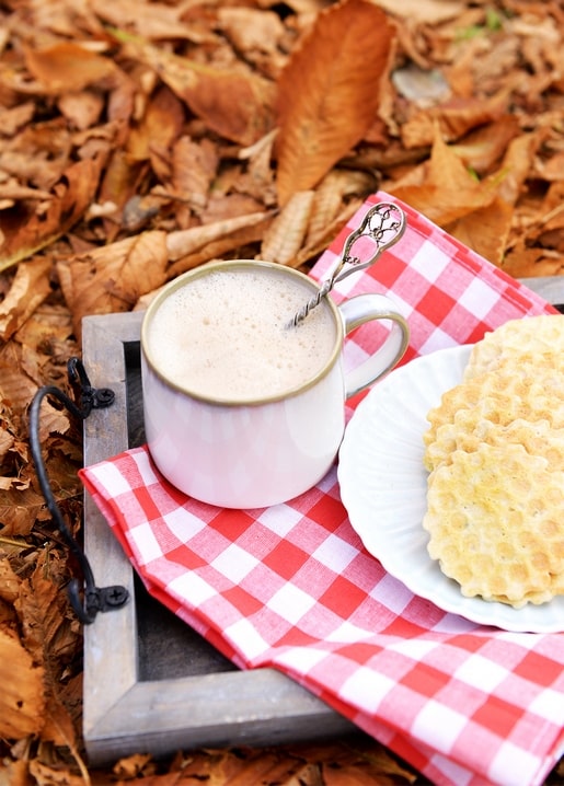 Schaumiger Latte und Waffelkekse auf Karostoff über Herbstlaub
