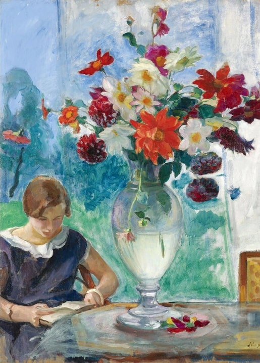 Картина Анрі Лебаска: дівчина читає книгу біля вази з червоними жоржинами