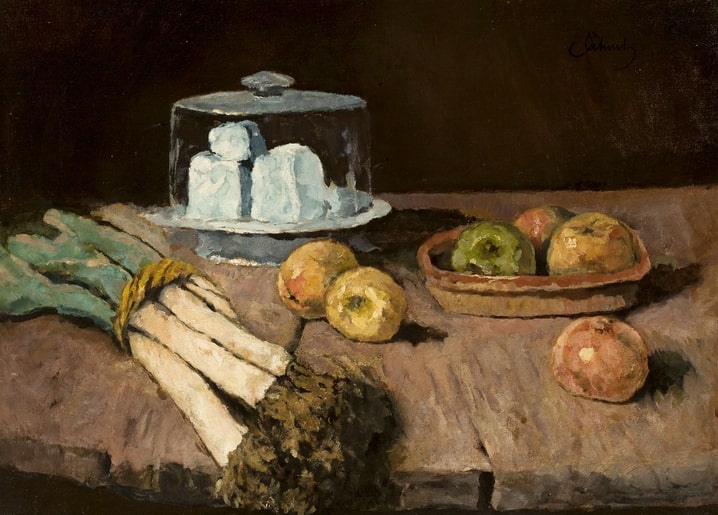 Stillleben mit Lauch, Äpfeln und Käse unter einer Glashaube von Carl Schuch