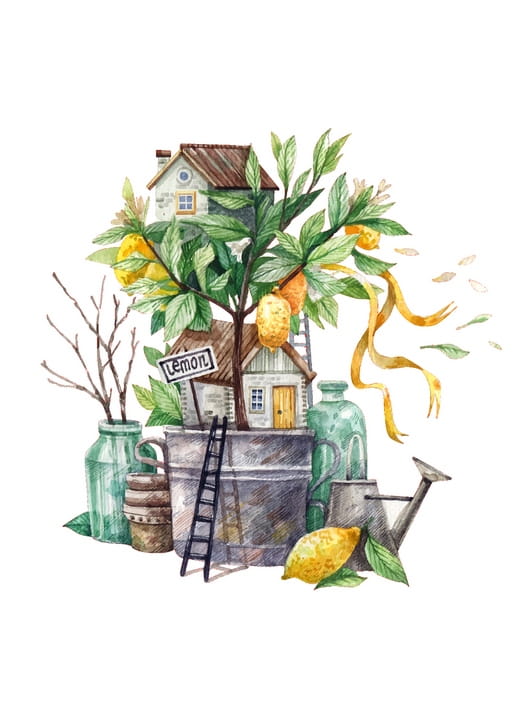 Aquarell-Zitronenbaum mit kleinem Häuschen, Leiter und Gießkannen