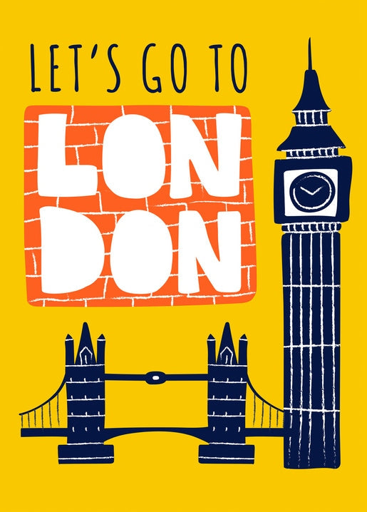 Gelbe Postkarte „Let's Go to London“ mit Big Ben und Tower Bridge