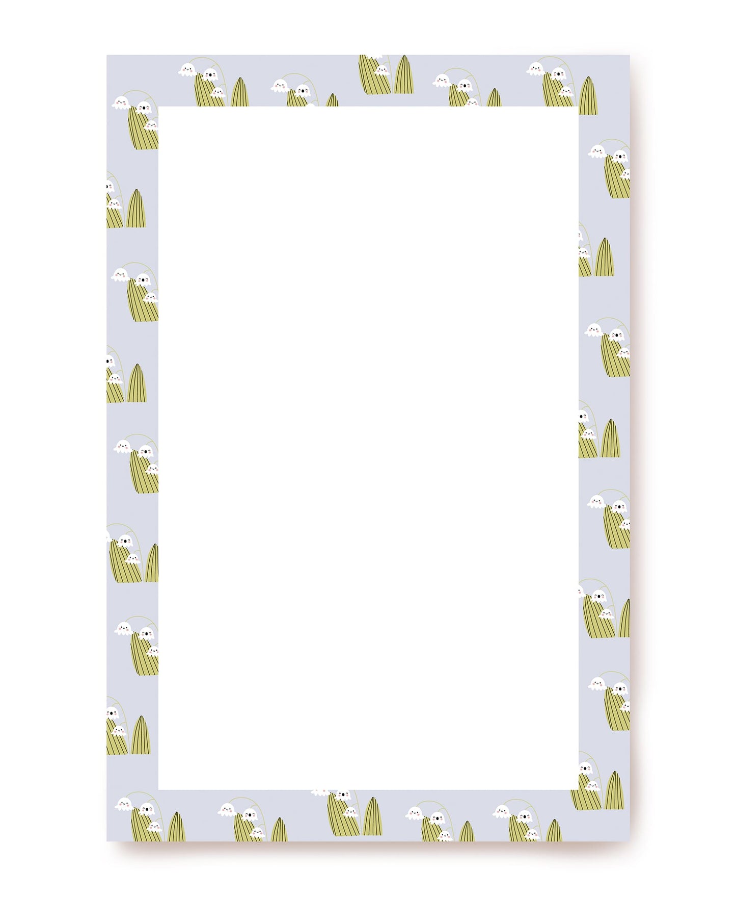 Lavender-grey writing paper bordered with lily-of-the-valley flowers and green leaves, blank unlined center