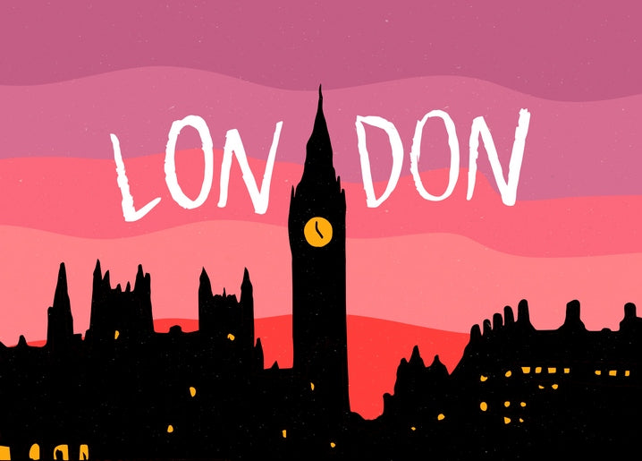 Silhouette von Big Ben und der Westminster-Skyline vor rosa Abendhimmel