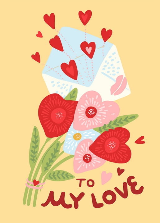 Envelope bursting with red hearts above a ribbon-tied bouquet of poppies and heart-shaped flowers, reading 'To My Love'