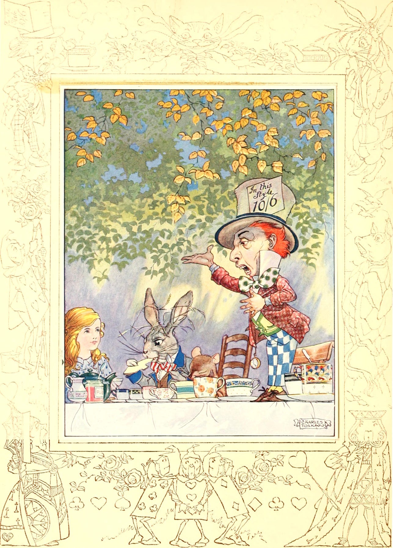Illustration of the Mad Hatter's tea party with Alice, the March Hare and Dormouse, framed by a decorative Wonderland border