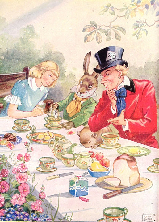 Alice, March Hare and Mad Hatter at a tea table with a dormouse and blooming hollyhocks