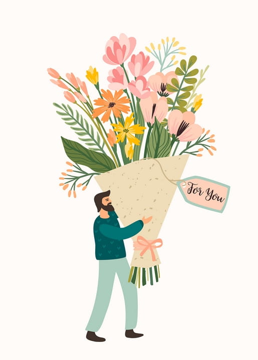 Bärtiger Mann trägt einen Wildblumenstrauß in Kraftpapier mit einem Anhänger „Für dich“