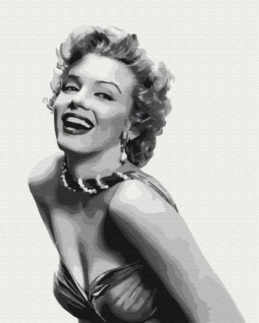Schwarz-weißes Malen-nach-Zahlen-Porträt von Marilyn Monroe mit Perlenkette und lockigem Haar