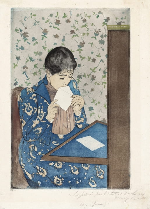 Mary Cassatt's “The Letter” — woman in a blue floral robe sealing an envelope at a writing desk