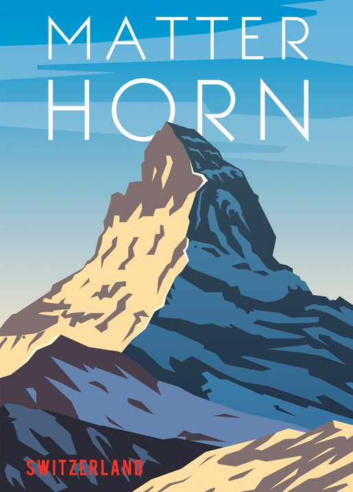Retro travel-poster postcard of the Matterhorn's peak lit gold and blue above the Swiss Alps