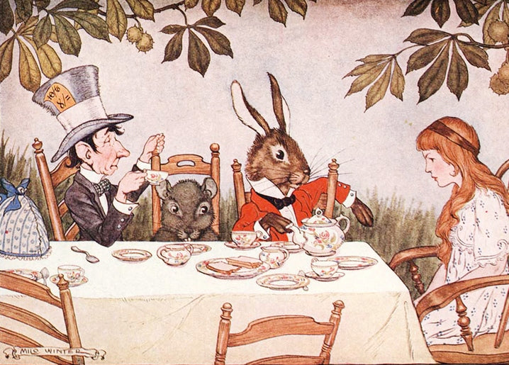 Milo Winter illustration of Alice, the Mad Hatter, Dormouse and March Hare at a tea table