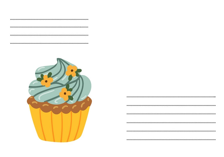 Briefumschlag mit minzgrünem Cupcake und kleinen gelben Blüten