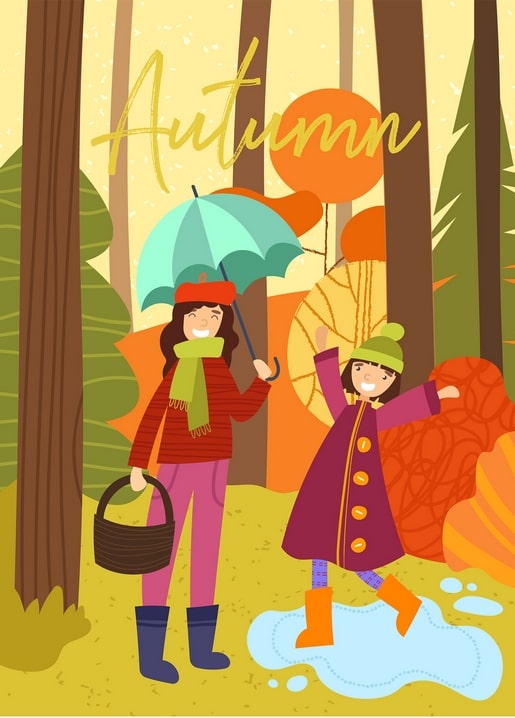 Mutter und Tochter gehen durch einen Herbstwald, die Tochter springt in eine Pfütze unter einem Regenschirm