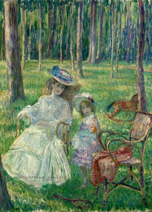 Gemälde von Henri Lebasque: Mutter und Tochter im Park neben einem hölzernen Schaukelpferd.