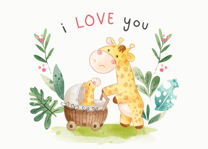 Aquarell-Illustration einer Giraffenmutter, die sich zu ihrem Baby im Kinderwagen zwischen Blättern beugt