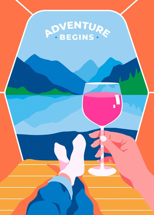 Zeltblick auf einen Bergsee mit hochgelegten Füßen und einem Glas Roséwein