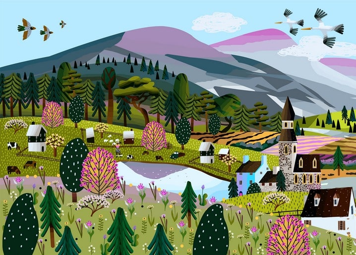 Vögel fliegen über ein Bergdorf mit Steinkirche, weidenden Tieren und blühenden Bäumen
