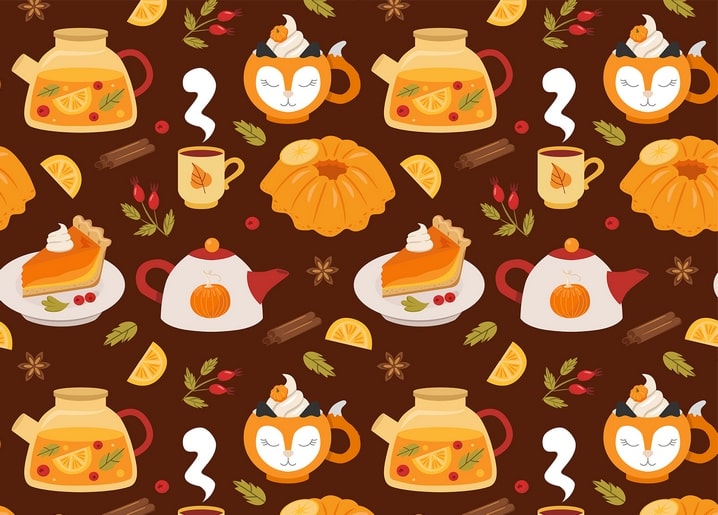 Seamless pattern of mulled wine, pumpkin pie, cinnamon, and fox-shaped cocoa mugs