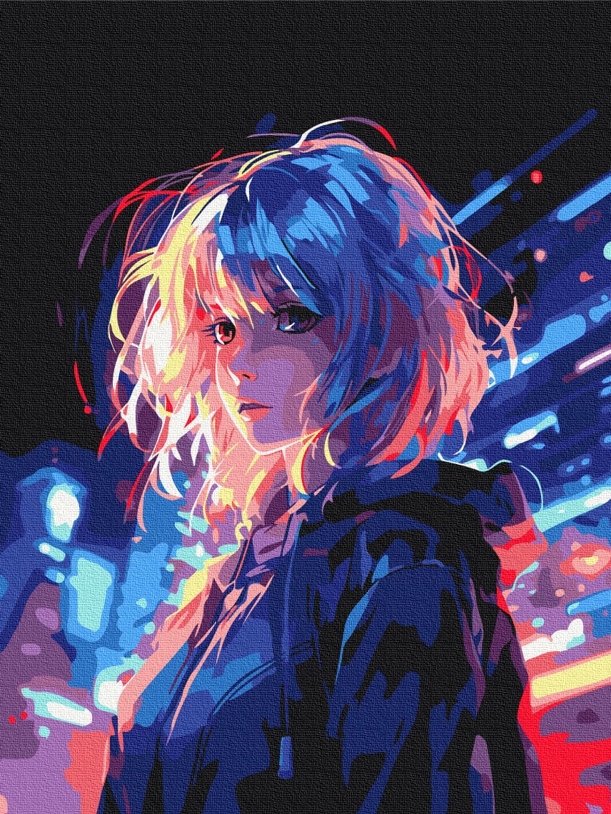 Anime-Mädchen mit blau-rosa Haar im Neonlicht einer Cyberpunk-Stadt