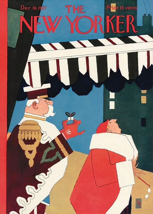 Art deco New Yorker cover, December 1927: doorman offers a butterfly brooch to a lady in red fur.