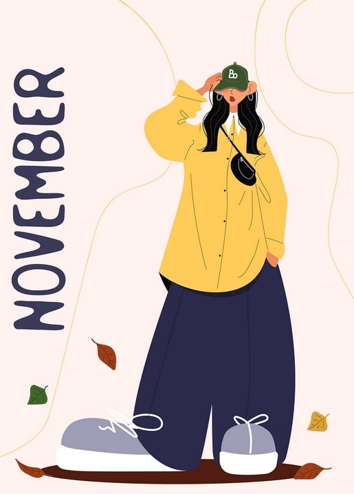 Young woman in an oversized yellow shirt and green cap posing in a November fashion illustration
