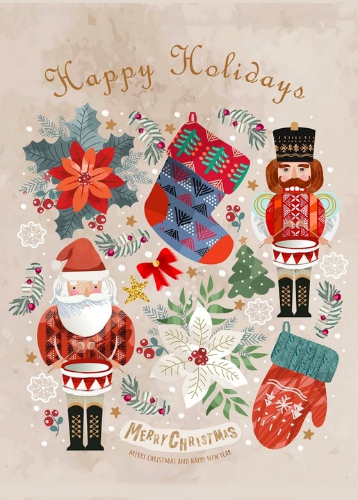 Collage mit Nussknacker, Weihnachtsmann, Weihnachtsstern, Socke und Fäustling sowie Schriftzug Happy Holidays
