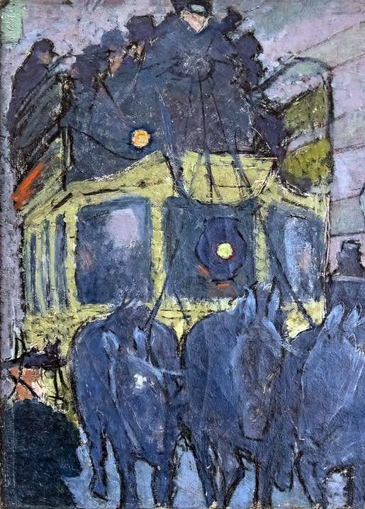 Night Paris scene with blue-black horses pulling a lamplit omnibus, Bonnard postcard