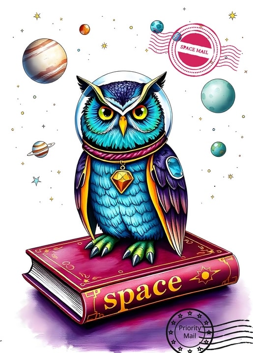 Eule als Astronautin mit leuchtendem Anhänger sitzt auf einem dicken Buch