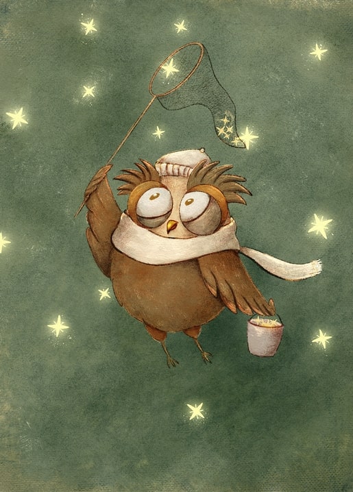 Illustrated owl in a scarf and cap catching stars with a net on a starry night