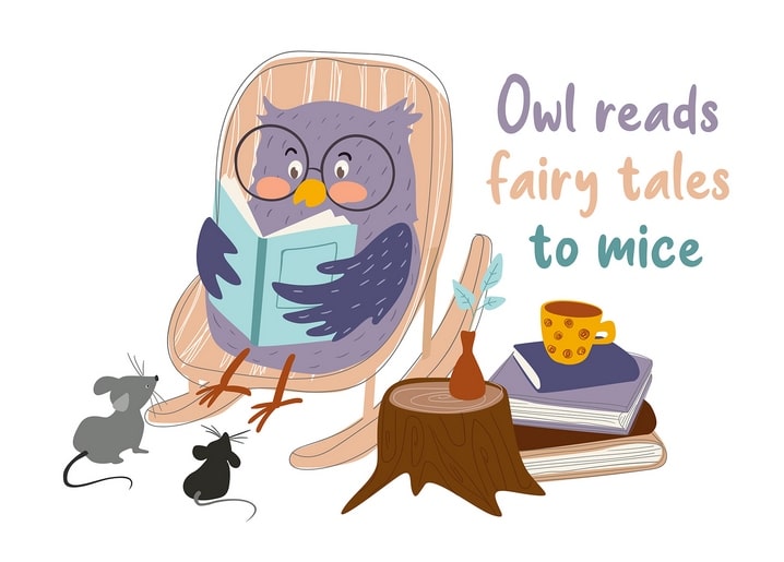 Illustrated owl in glasses reading a fairy tale to two mice by a cozy chair