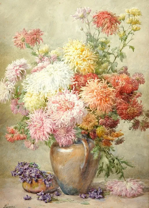 François Rivoire's Chrysanthèmes, a vintage French watercolor of chrysanthemums in a vase
