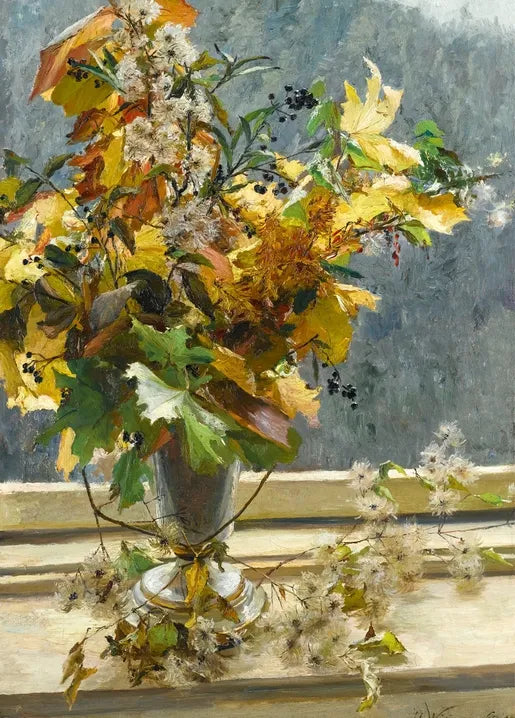 Olga Wisinger-Florian's Herbstlaub (Autumn Leaves), an Austrian still life of autumn foliage, berries and flowers in a vase