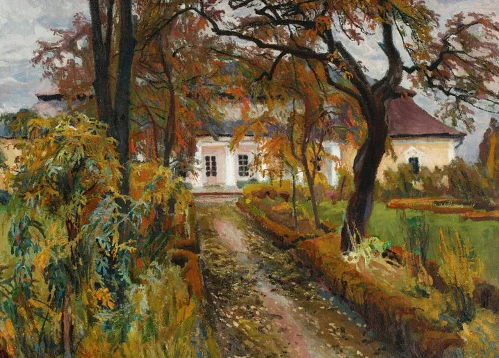 Stanisław Kamocki's Manor House in Autumn, 1907, an autumn landscape with a manor house, garden path and colorful trees