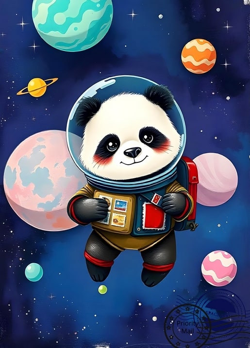 Illustrierter Panda-Astronaut mit Briefmarken zwischen pastellfarbenen Planeten