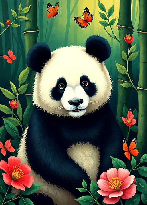 Panda zwischen Bambus, umgeben von Schmetterlingen und rosa Blüten