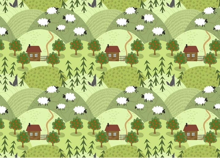 Seamless pastoral pattern of green hills, grazing sheep, orchards, cottages, and wolves peeking from pine trees