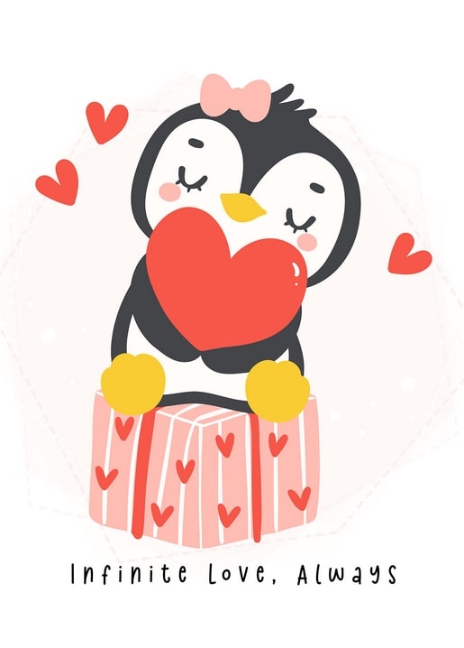 Zwei Pinguine umarmen ein großes rotes Herz auf einer gestreiften Geschenkbox mit Herzen