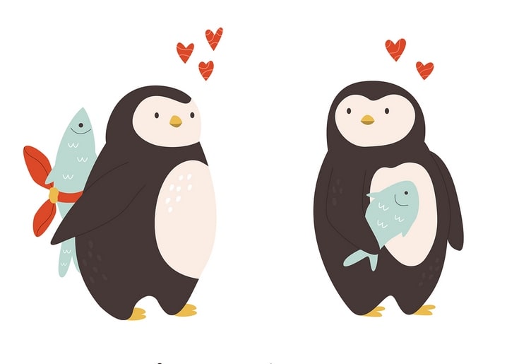 Zwei verliebte Pinguine, einer überreicht einen Fisch wie einen Blumenstrauß, Herzen darüber