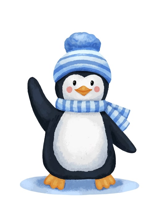 Illustration eines Pinguins mit gestreifter blauer Mütze und Schal, der auf weißem Hintergrund winkt