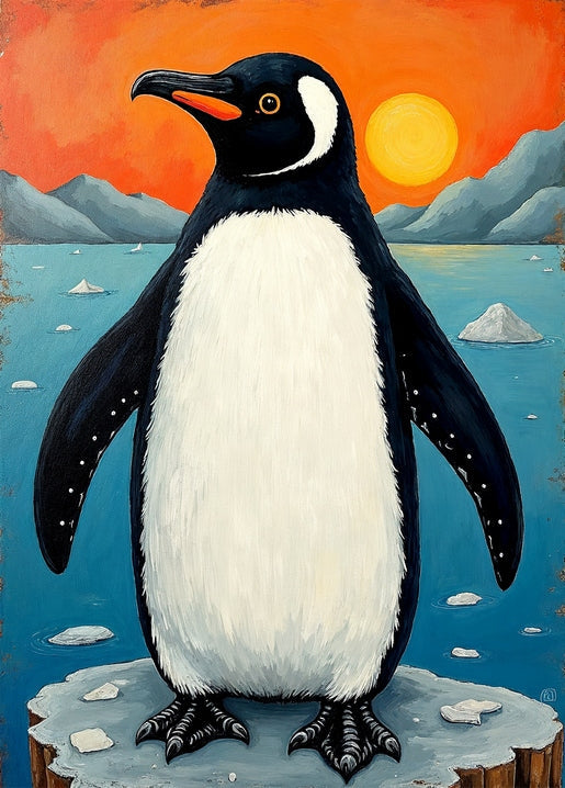 Illustrierter Pinguin auf einer Eisscholle bei orangefarbenem Sonnenuntergang vor Bergen
