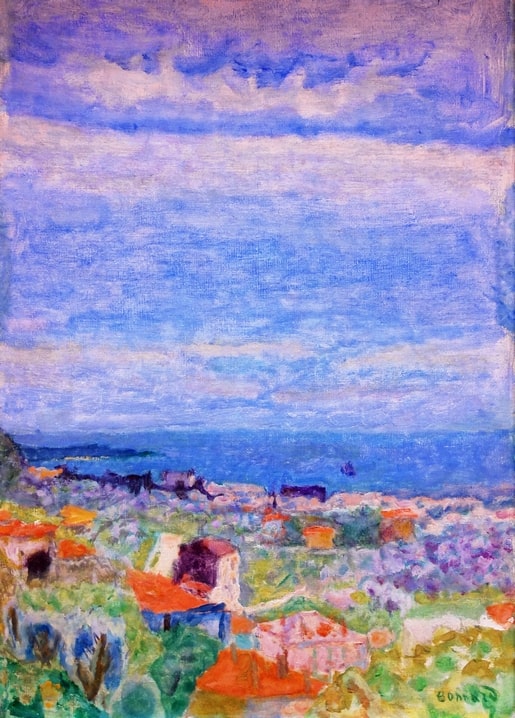 Bonnard painting of red-roofed houses along the coast beneath a wide mauve-blue sky near Le Cannet